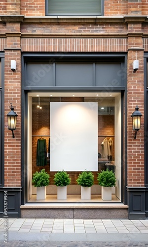 A blank storefront window with a white sign. perfect for showcasing your brand or product.