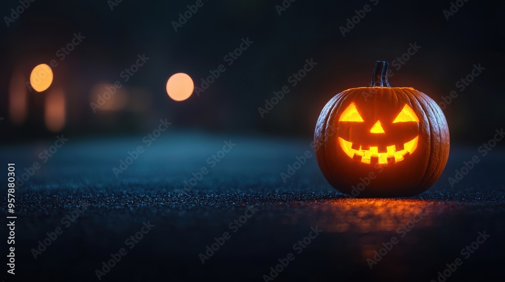 Spooky Jack-o'-Lantern Illuminating Dark Empty Street on Halloween Night - Copy Space, Selective Focus, Ultra HD Spooky Jack-o'-Lantern Illuminating Dark Empty Street on Halloween Night - Copy Space, Selective Focus, Ultra HD