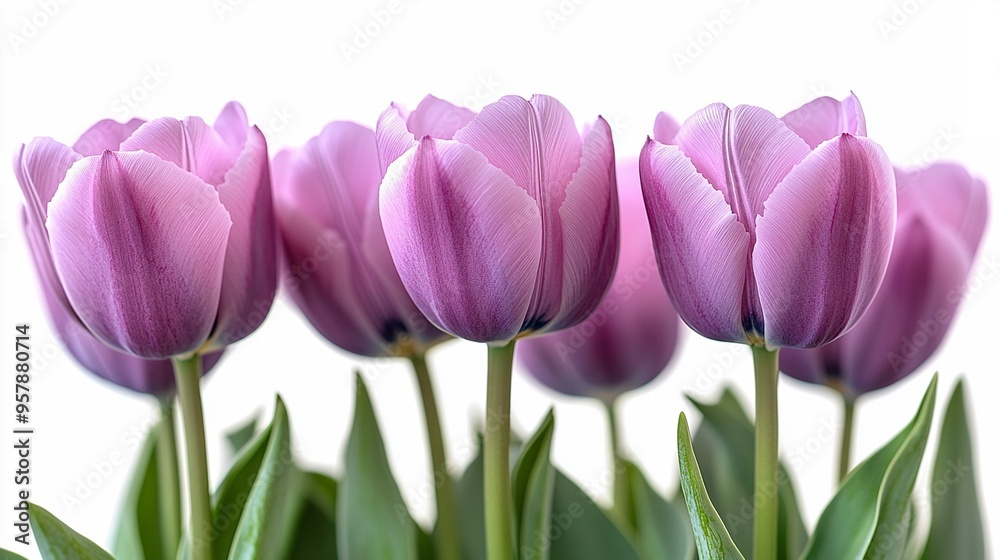 Lilac Tulips: A trio of delicate lilac tulips stand tall against a white background, their petals unfurling in a symphony of soft hues. Their elegant forms create a tranquil and romantic atmosphere. Lilac Tulips: A trio of delicate lilac tulips stand tall against a white background, their petals unfurling in a symphony of soft hues. Their elegant forms create a tranquil and romantic atmosphere.