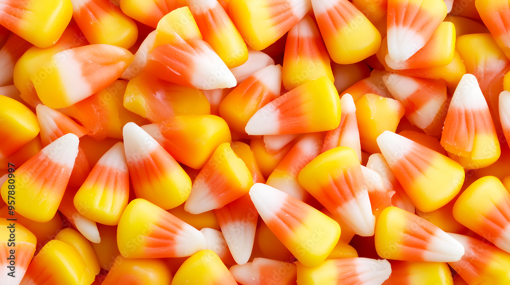 pile of classic candy corn, with its distinctive yellow, orange, and white layers pile of classic candy corn, with its distinctive yellow, orange, and white layers
