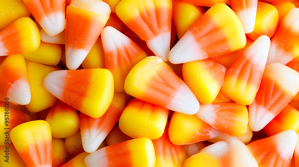 pile of classic candy corn, with its distinctive yellow, orange, and white layers pile of classic candy corn, with its distinctive yellow, orange, and white layers