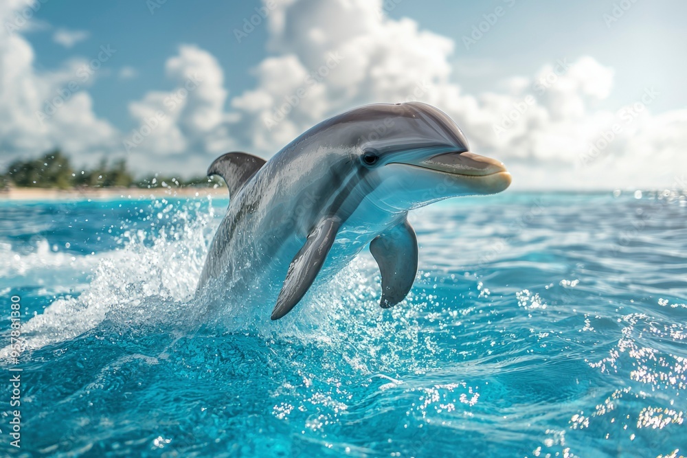 Naklejka premium Dolphin Leaping Out of the Water with a Splash