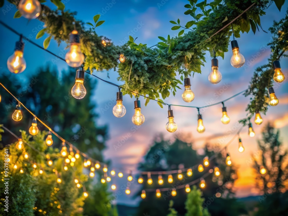 A photo image of whimsical summer evening ambiance featuring warm white festoon lights adorned with delicate greenery and twinkling fairy lights against a clear blue sky. A photo image of whimsical summer evening ambiance featuring warm white festoon lights adorned with delicate greenery and twinkling fairy lights against a clear blue sky.
