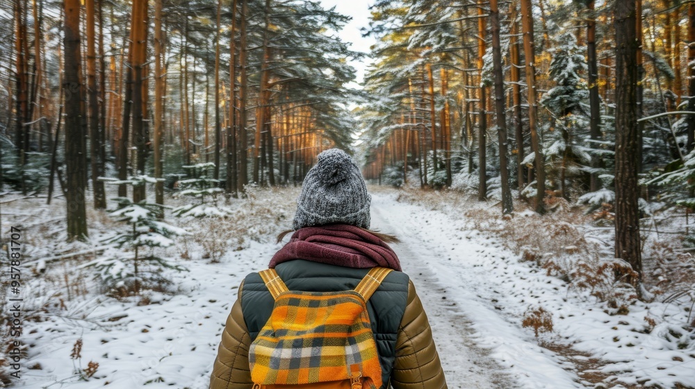 Woman with backpack walks in the snowy winter pine forest, view from the back, active lifestyle Woman with backpack walks in the snowy winter pine forest, view from the back, active lifestyle