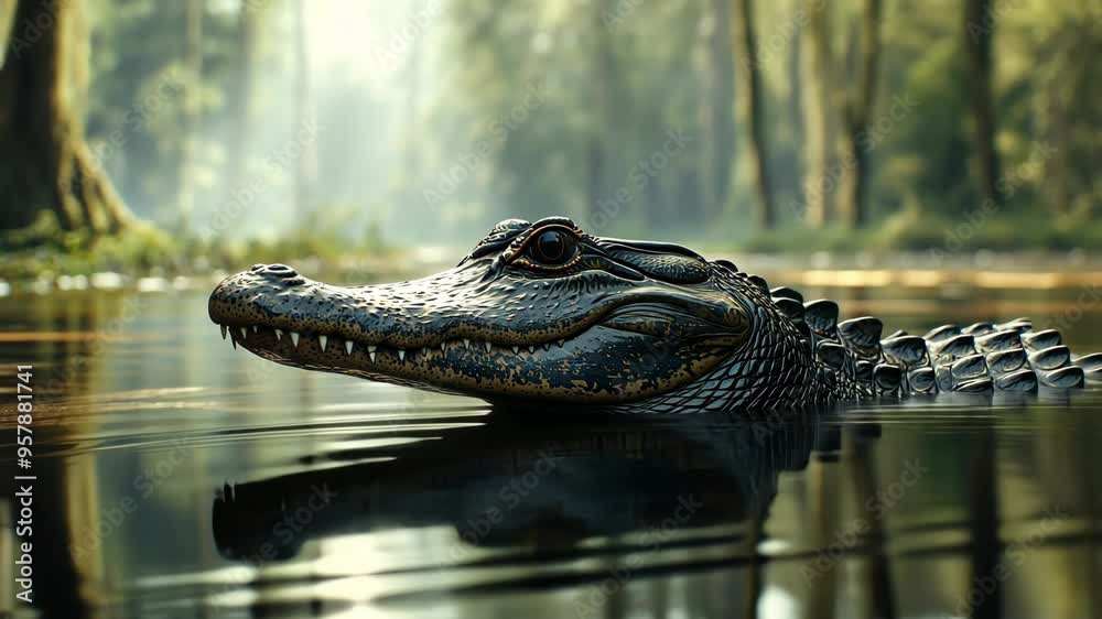 Alligator gliding through serene waters of the bayou during early morning in Louisiana wetlands