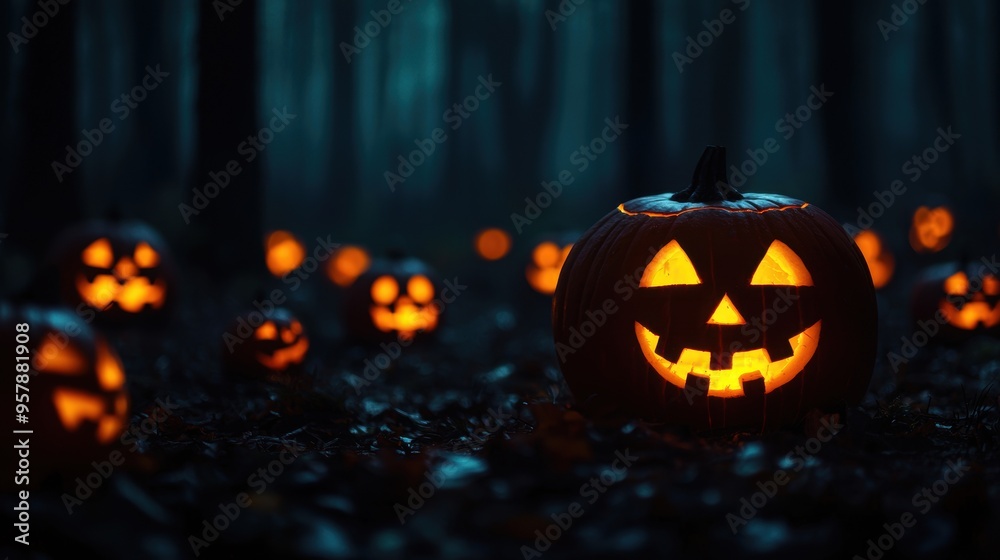 Enchanting Halloween Night in Dark Woods with Glowing Jack-o'-lanterns, Eerie Atmosphere for Copy Space, Selective Focus on Foreground, Ultra HD Enchanting Halloween Night in Dark Woods with Glowing Jack-o'-lanterns, Eerie Atmosphere for Copy Space, Selective Focus on Foreground, Ultra HD
