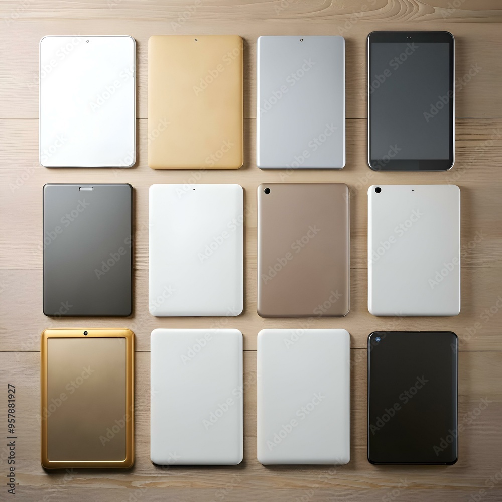 A collection of nine blank tablets with different color backgrounds arranged in a grid on a wooden surface. A collection of nine blank tablets with different color backgrounds arranged in a grid on a wooden surface.