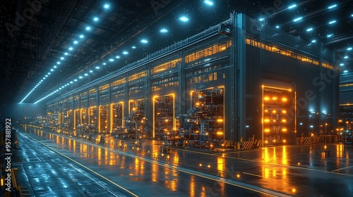 Futuristic Industrial Building with Illuminated Open Bays at Night