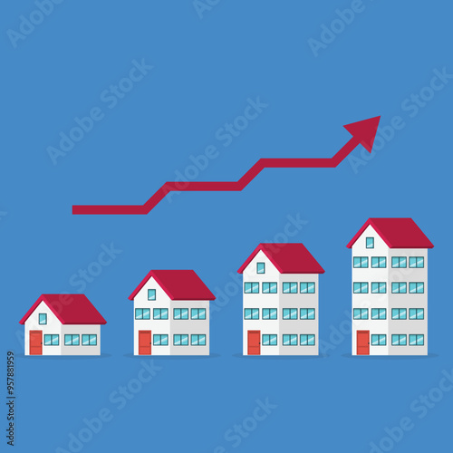 Housing prices rise up. The concept of growth in demand for real estate. Increase in the value of property, vector illustration	