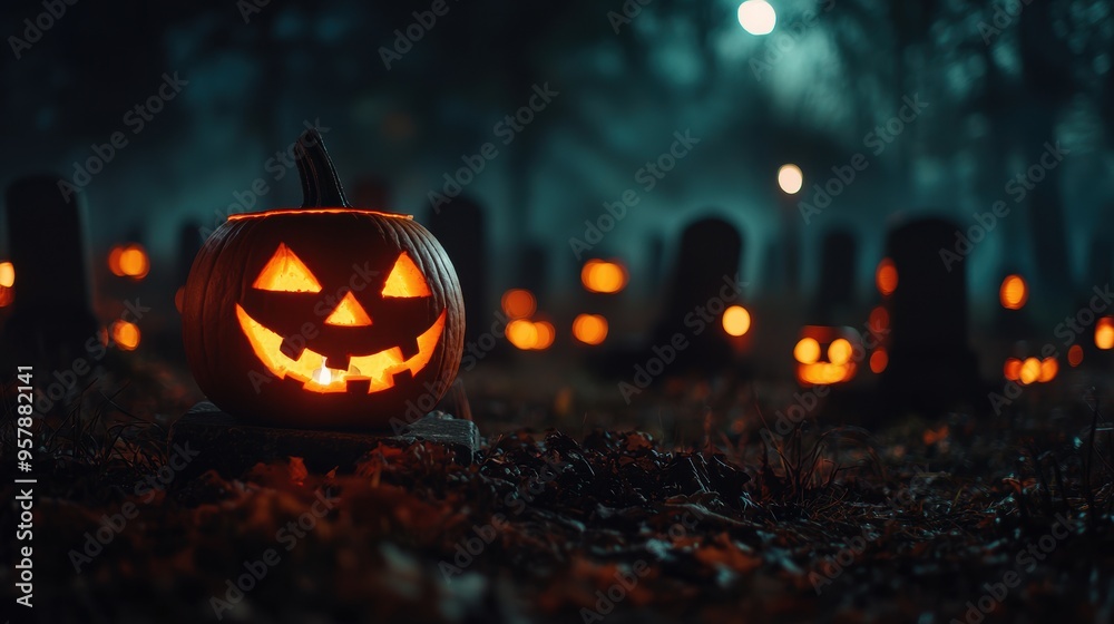 Eerie Halloween Night in a Dark Foggy Graveyard with Glowing Jack-O'-Lanterns on Tombstones, Spooky Atmosphere for Scary Holiday Copy Space - Ultra HD Eerie Halloween Night in a Dark Foggy Graveyard with Glowing Jack-O'-Lanterns on Tombstones, Spooky Atmosphere for Scary Holiday Copy Space - Ultra HD
