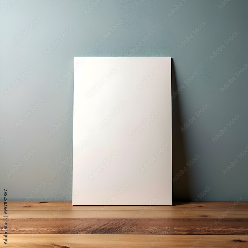 A blank white canvas sits on a wooden table against a light blue wall. ready for your message. A blank white canvas sits on a wooden table against a light blue wall. ready for your message.
