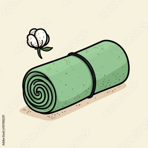 Rolled-up green mat with white flower and speckled surface