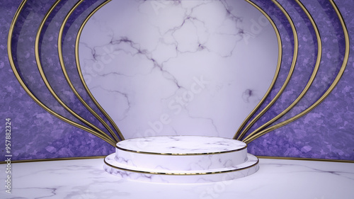 Luxury podium for product display white marble and purple abstract background, 3D render