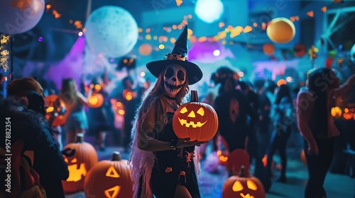 lively Halloween party with people in creative costumes, colorful decorations, and glowing pumpkin lanterns, set in a spooky yet fun atmosphere