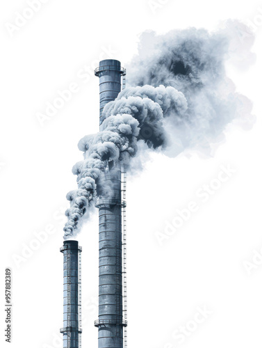 Smoke billowing from industrial smokestacks on a clear day isolated on transparent background photo