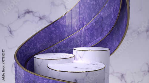 Luxury podium for product display white marble and purple abstract background, 3D render