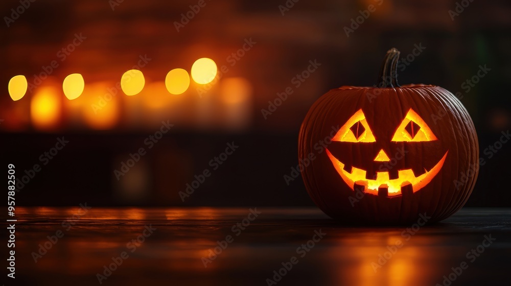 Glowing Jack-o'-Lantern Pumpkin in Dimly Lit Room with Copy Space, Halloween Decoration with Selective Focus in Ultra HD Quality Glowing Jack-o'-Lantern Pumpkin in Dimly Lit Room with Copy Space, Halloween Decoration with Selective Focus in Ultra HD Quality