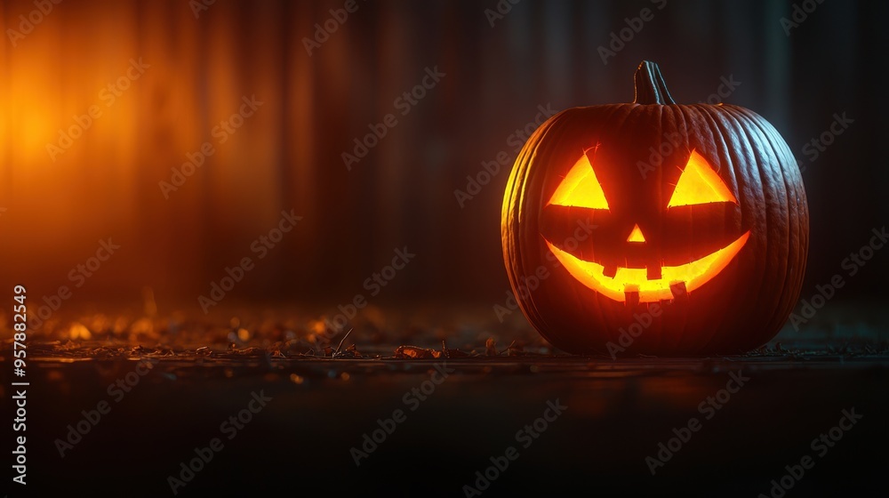 Spooky Glowing Jack-o'-lantern Halloween Decoration in Dimly Lit Room with Copy Space, Selective Focus | Ultra HD