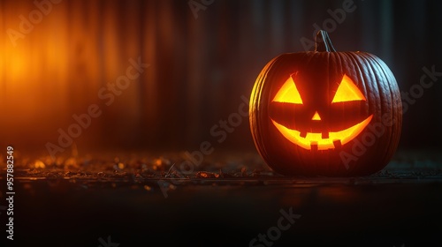 Obraz na płótnie Spooky Glowing Jack-o'-lantern Halloween Decoration in Dimly Lit Room with Copy Space, Selective Focus | Ultra HD w salonie