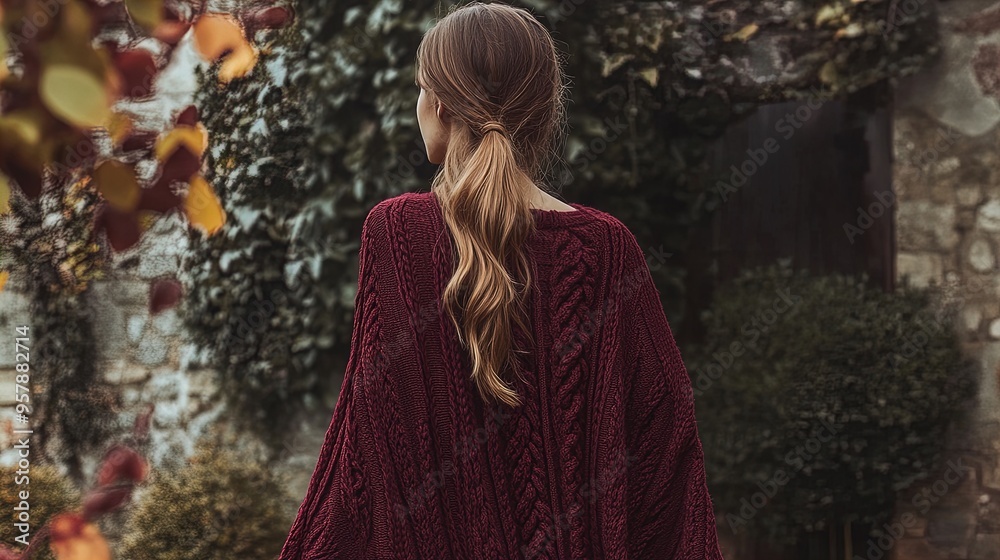 Cozy Oversized Burgundy Knitted Poncho with Cable Knit Pattern: Perfect for Stylish Comfort in Casual Outfits or as a Chic Accent in Contemporary Interior Design! Cozy Oversized Burgundy Knitted Poncho with Cable Knit Pattern: Perfect for Stylish Comfort in Casual Outfits or as a Chic Accent in Contemporary Interior Design!