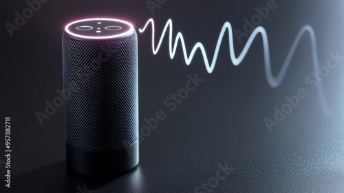 Smart speaker emitting sound waves with illuminated top, set on dark surface Created with Generative AI. photo