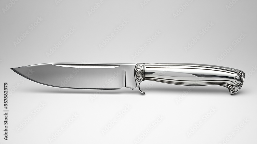 Silver Gleam: A meticulously crafted hunting knife, its polished blade and intricately designed handle gleaming under studio lighting. Silver Gleam: A meticulously crafted hunting knife, its polished blade and intricately designed handle gleaming under studio lighting.