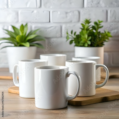 Clean and simple mockup image featuring five white mugs on a wooden cutting board. perfect for showcasing your designs.