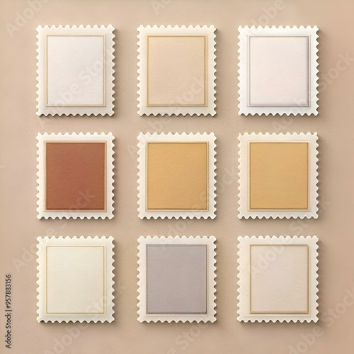 A set of nine blank postage stamps with various textured backgrounds. perfect for adding a vintage touch to your designs.
