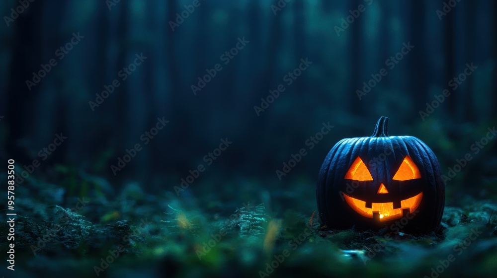 Naklejka premium Enchanting Jack-o'-Lantern Illuminating Mysterious Forest Clearing with Copy Space, Ultra HD
