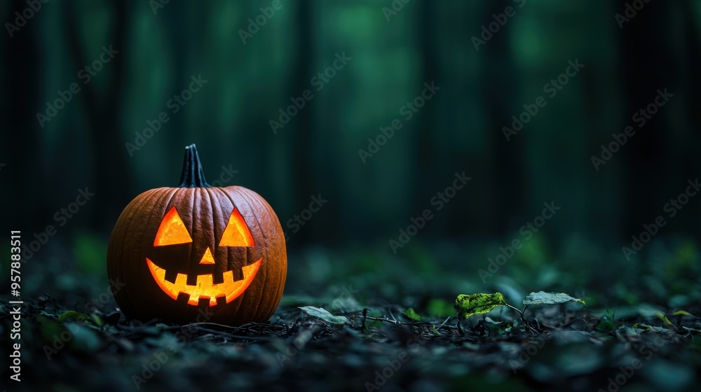 Glowing Jack-o'-Lantern in Enchanted Forest Clearing at Night, Halloween Spooky Decoration with Copy Space, Selective Focus