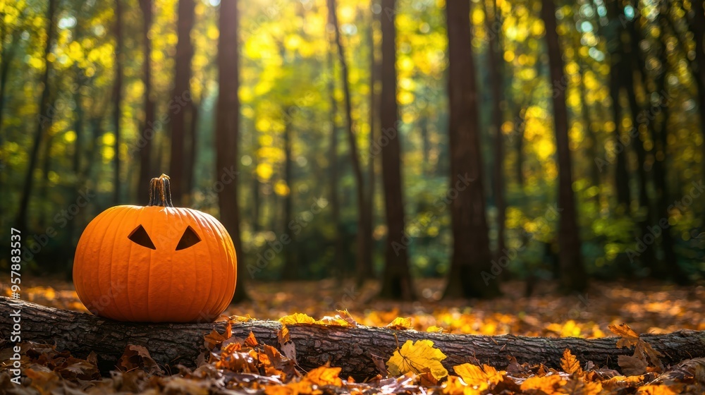 Serene Autumn Scene in Forest: Pumpkin on Fallen Tree with Towering Tree Shadows, Selective Focus. Ultra HD Background with Copy Space. Serene Autumn Scene in Forest: Pumpkin on Fallen Tree with Towering Tree Shadows, Selective Focus. Ultra HD Background with Copy Space.