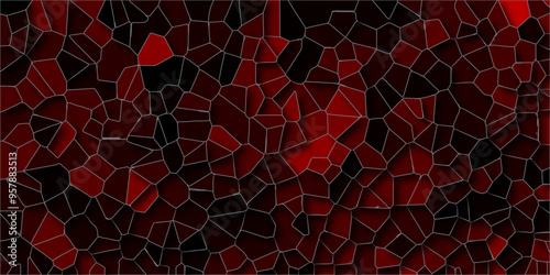 Quartz dark red and black Broken Stained Glass Background. Texture of geometric shapes With shadows and stoke. Dark colorful background with polygon or vector frame. Geometric Retro tiles pattern.	