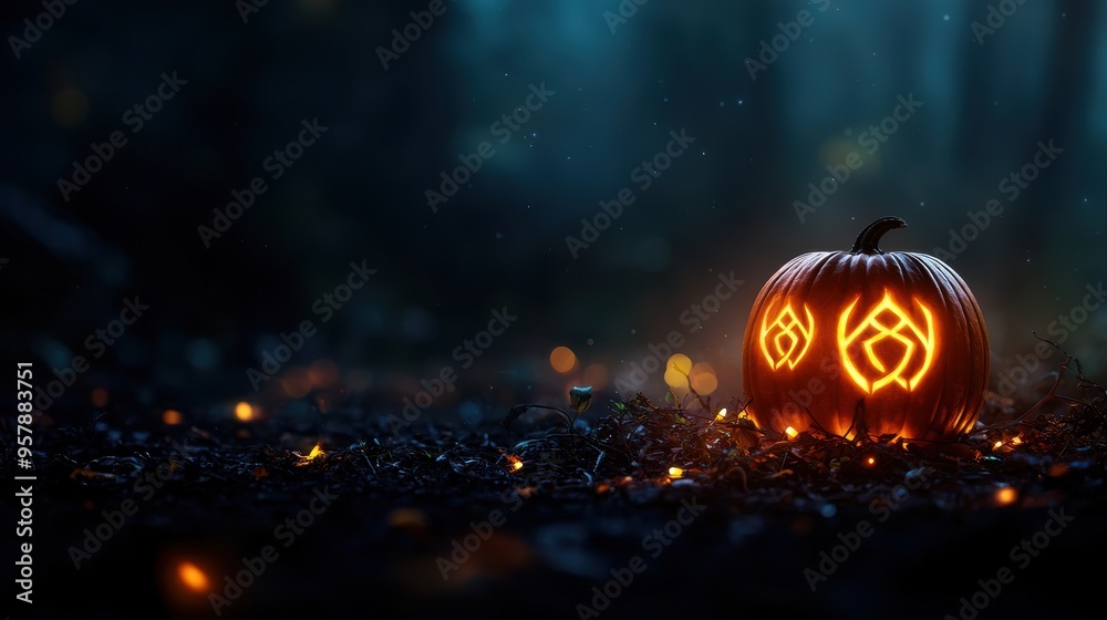 Naklejka premium Enchanted Pumpkin with Glowing Runes Emitting Magical Aura in Darkness - Selective Focus Ultra HD