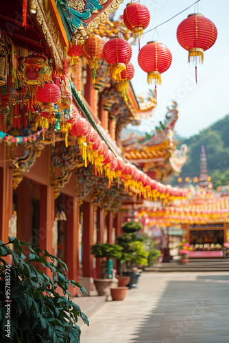 Buddhist temple decorated for a festival