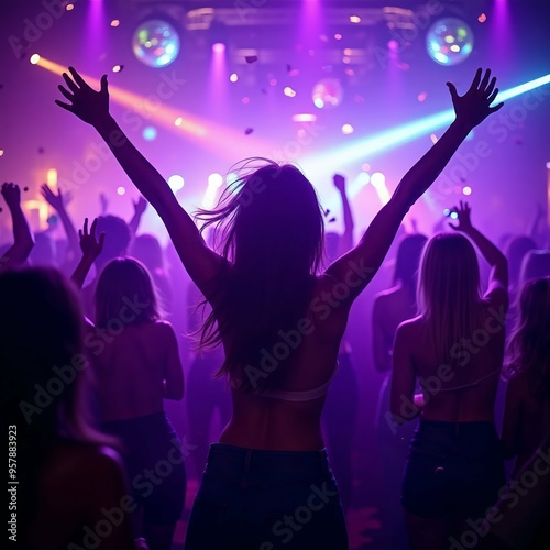 A vibrant nightclub scene with people dancing energetically under colorful lights, confetti, and a joyful woman at the center.