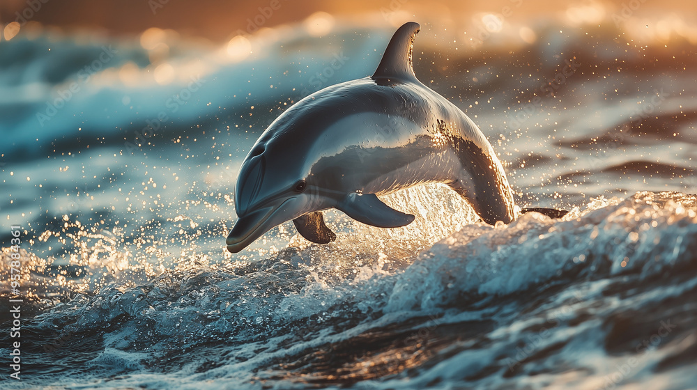 Obraz premium A playful dolphin leaping out of the ocean waves, with sparkling water droplets in the air