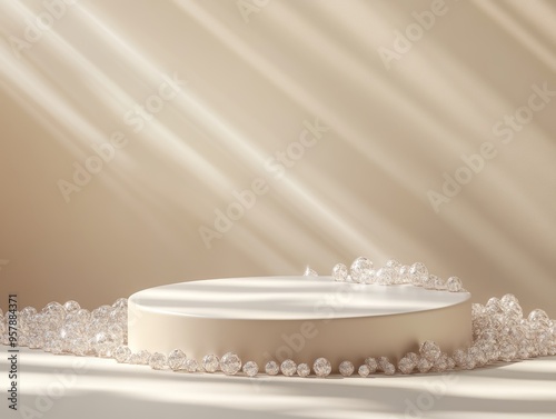 3d Mock up Pearl white podium with crystal accents and shimmering effects. Pedestal stage for luxury skincare presentation. Radiant scene for advertising. Sale promotion background.