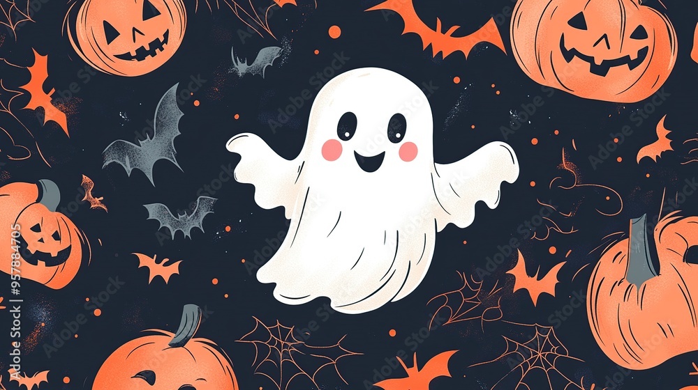 whimsical ghost illustration with a cute, friendly ghost surrounded by Halloween elements like pumpkins and bats whimsical ghost illustration with a cute, friendly ghost surrounded by Halloween elements like pumpkins and bats