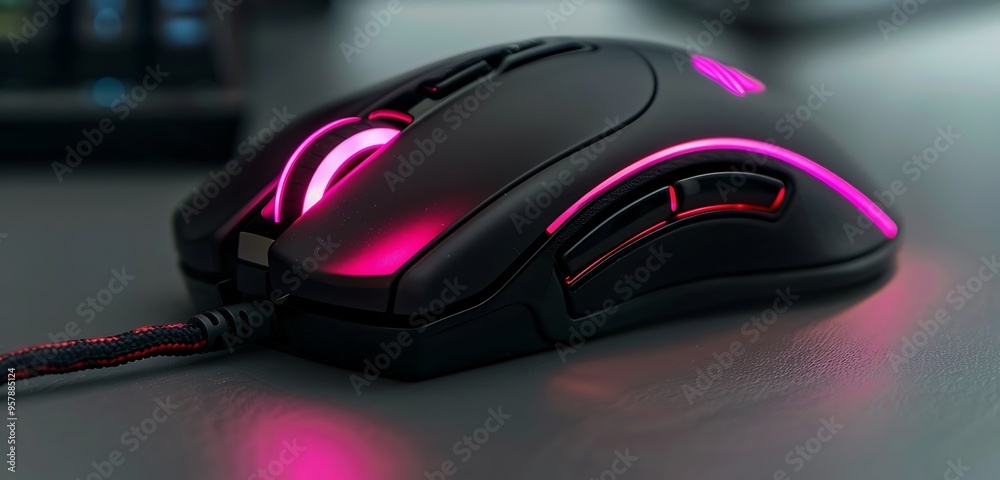 Close-up of RGB mouse with pink lights, modern gaming environment Close-up of RGB mouse with pink lights, modern gaming environment