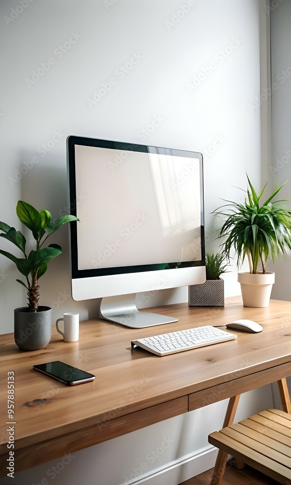 Fototapeta premium Clean and minimalist workspace mockup with a modern computer monitor. keyboard. and smartphone on a wooden desk.