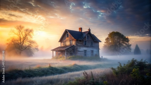 photo image of a mysterious old house shrouded in a veil of morning fog, making its details blurry