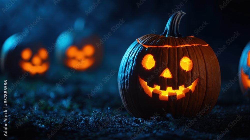 Fototapeta premium Glowing Silly Pumpkins with Goofy Faces in the Dark Copy Space, Halloween Jack-o'-lanterns, Selective Focus, Ultra HD