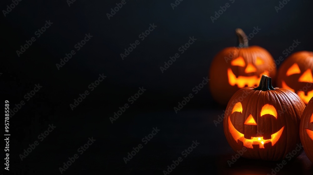 Glowing Silly Pumpkins with Cheerful Faces in Dark Night - Halloween Fun Concept Glowing Silly Pumpkins with Cheerful Faces in Dark Night - Halloween Fun Concept