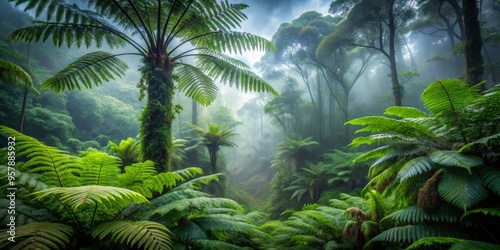 a photo image of a foggy morning in a dense jungle stretching upwards with giant ferns growing tall amidst giant vines