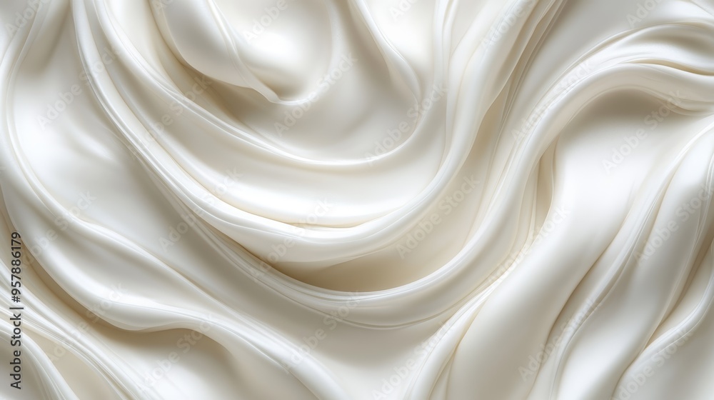 Obraz premium A close-up view of luxurious white satin fabric, showcasing its smooth texture and flowing drapes that create an elegant and soft appearance