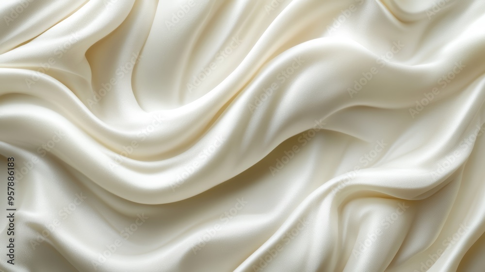 A close-up view of soft, luxurious silk or satin fabric, featuring flowing, undulating folds in a cream or off-white color A close-up view of soft, luxurious silk or satin fabric, featuring flowing, undulating folds in a cream or off-white color