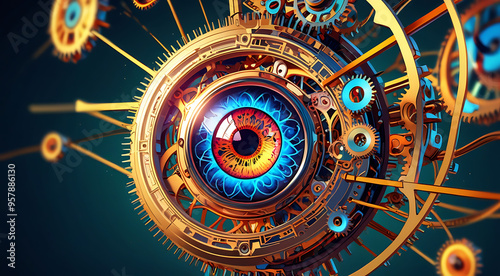 Wallpaper Mural A vibrant 3D illustration of a human eye with intricate clockwork mechanisms instead of a pupil, symbolizing the concept of time perception and the intricate nature of human experience.

 Torontodigital.ca