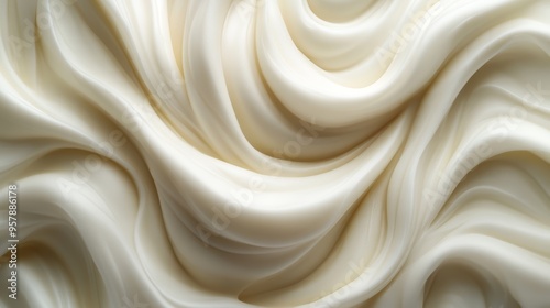 A close-up view of flowing, creamy white textures resembling soft waves or folds, creating a serene and luxurious visual effect