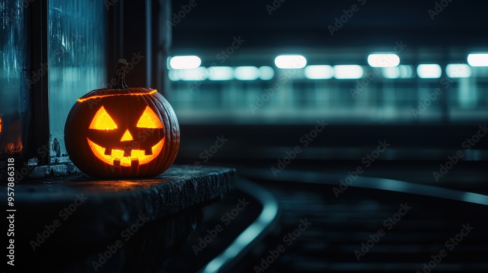 Eerie Jack O'Lantern Illuminating Abandoned Train Station Window - Ultra HD Eerie Jack O'Lantern Illuminating Abandoned Train Station Window - Ultra HD