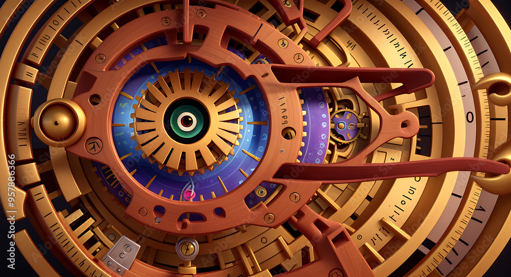Obraz premium A vibrant 3D illustration of a human eye with intricate clockwork mechanisms instead of a pupil, symbolizing the concept of time perception and the intricate nature of human experience.